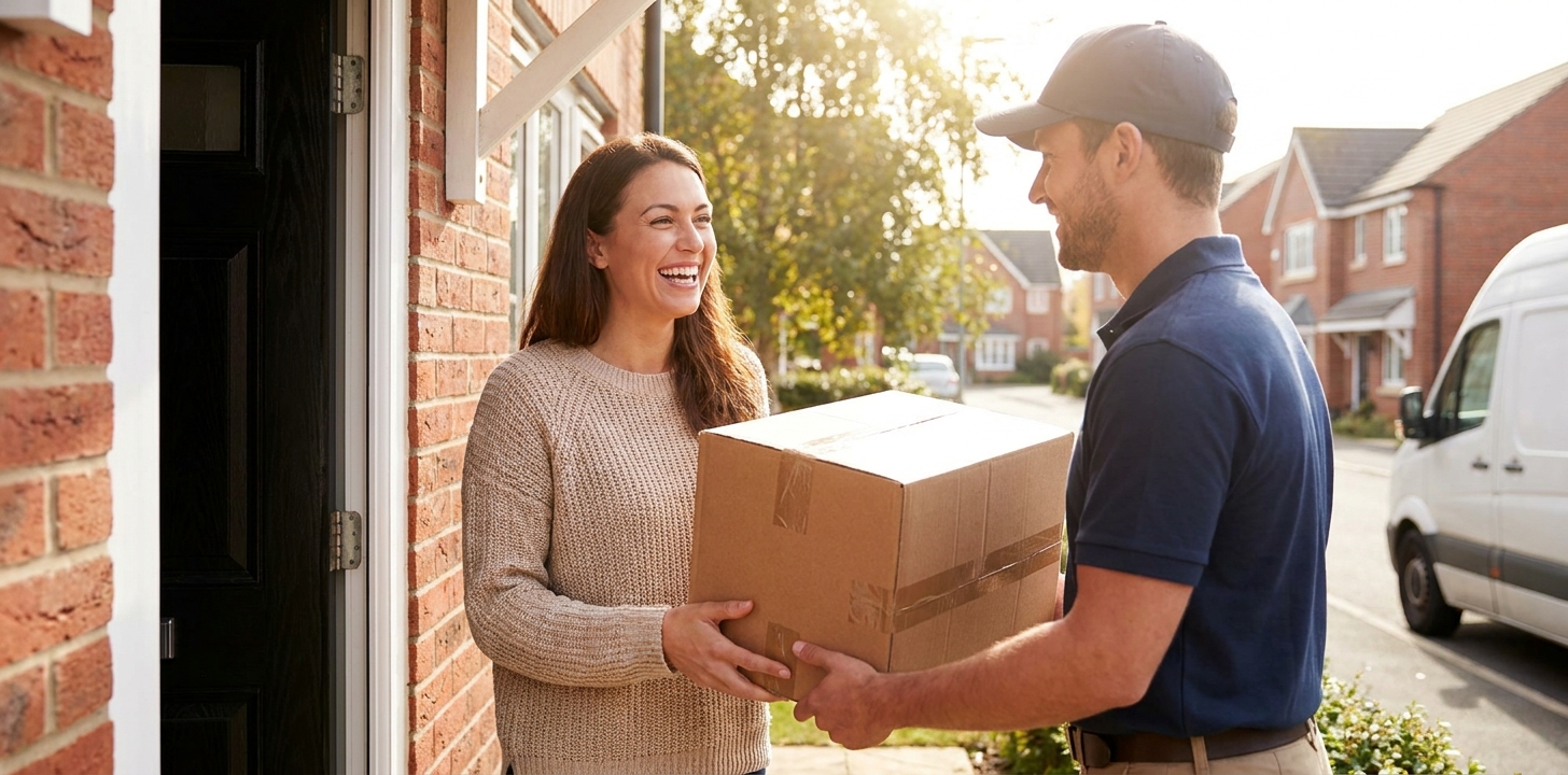 A satisfied shopper with parcels delivered from Japan