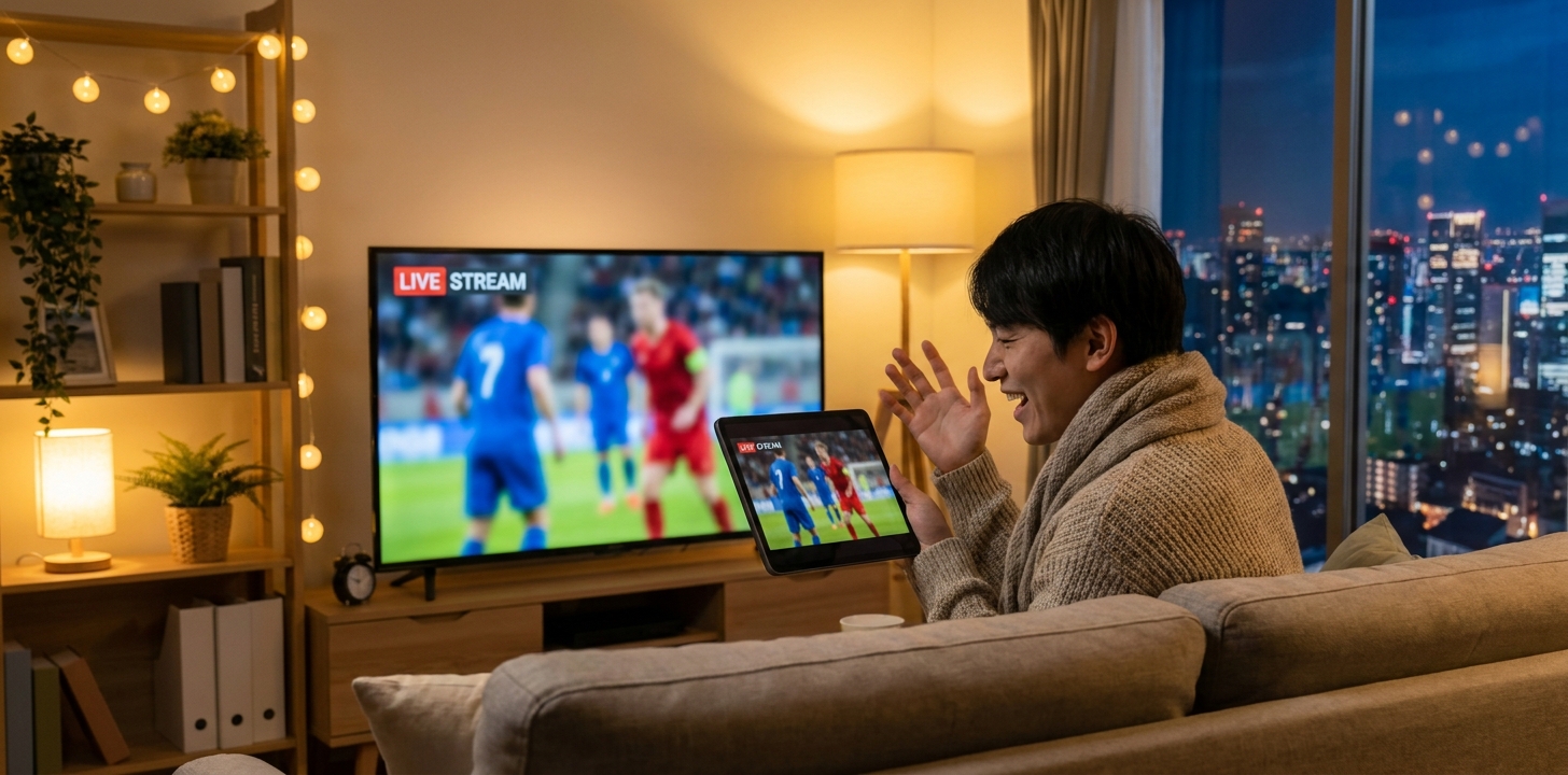 海外の部屋でサッカーのライブ配信を見ようとするイメージ
