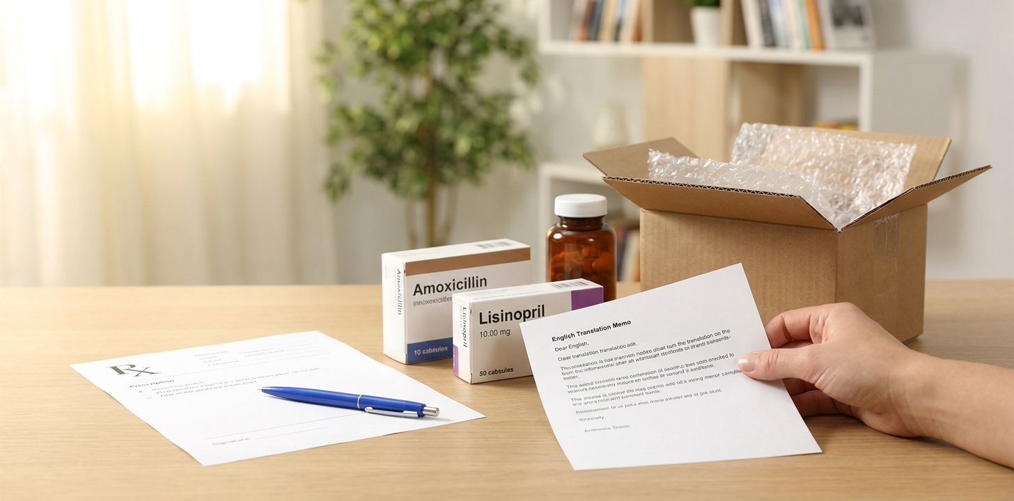 処方薬を海外へ送るための書類を準備するイメージ