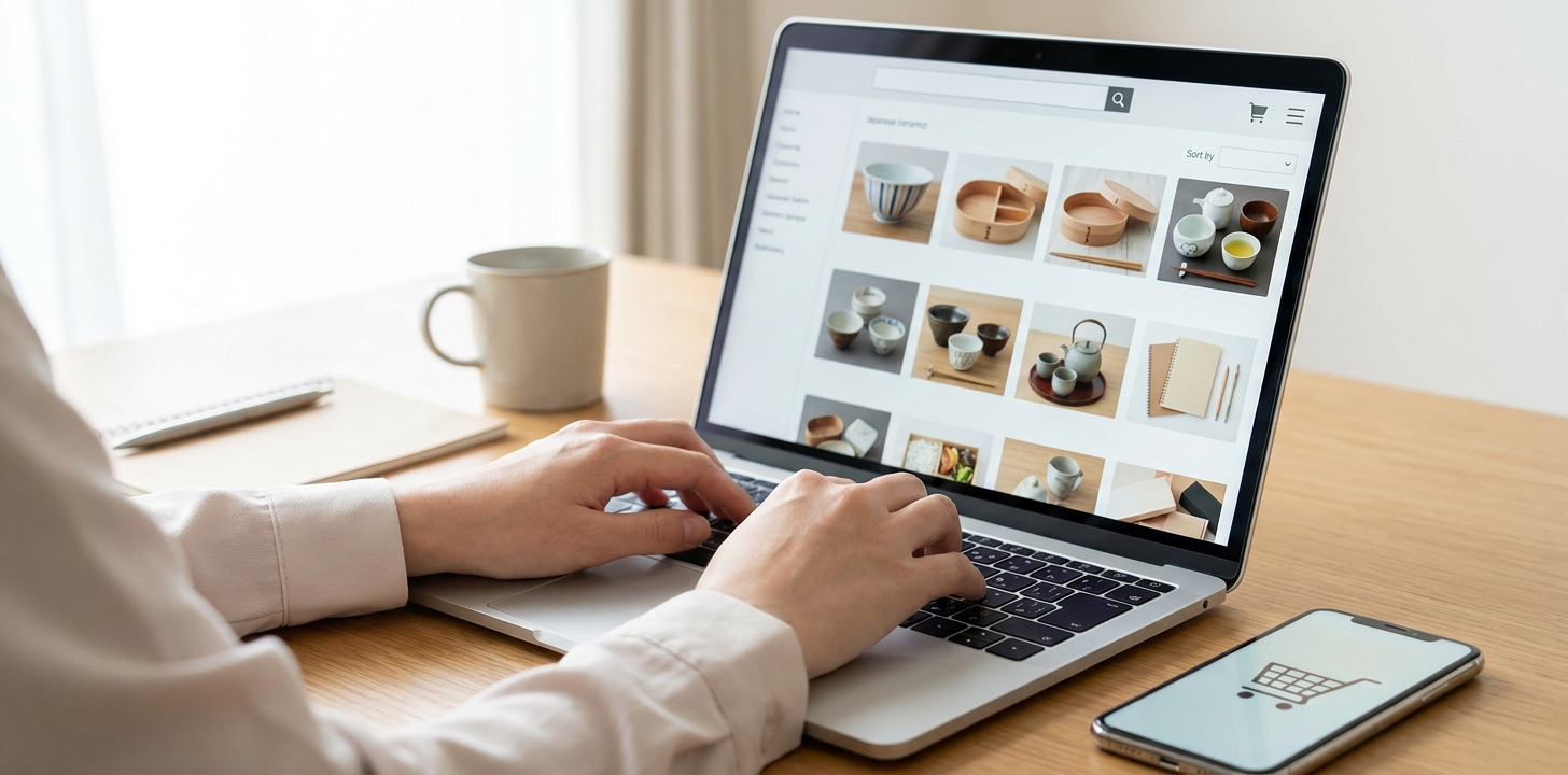 Searching a Japanese online marketplace on a laptop