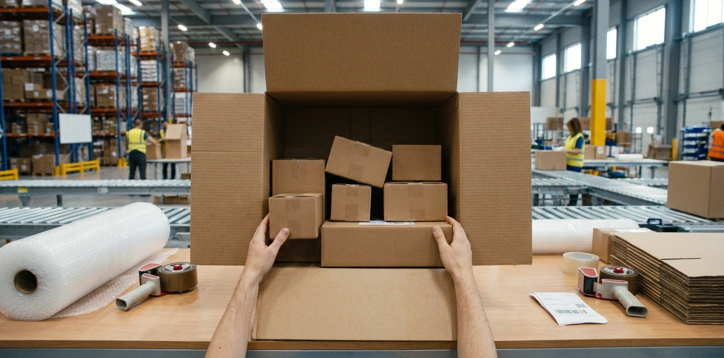Several parcels being consolidated into one box at a warehouse