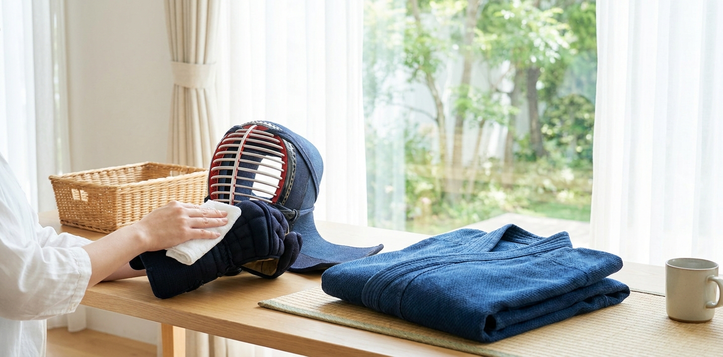 使用済み防具の手入れをするイメージ