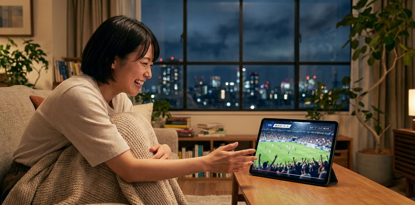 海外の部屋でタブレットから日本のテレビ配信を見ようとするイメージ