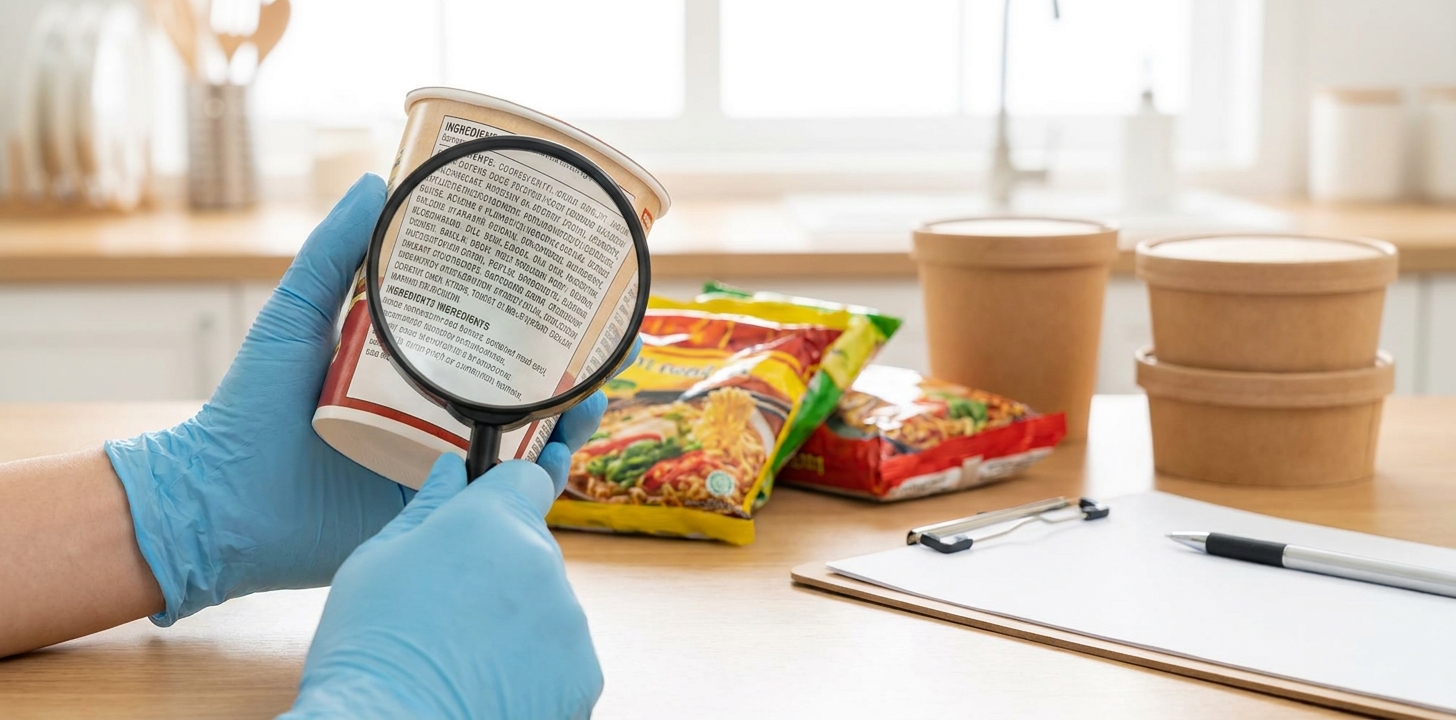 ニュージーランドへ送る麺類の成分を確認するイメージ