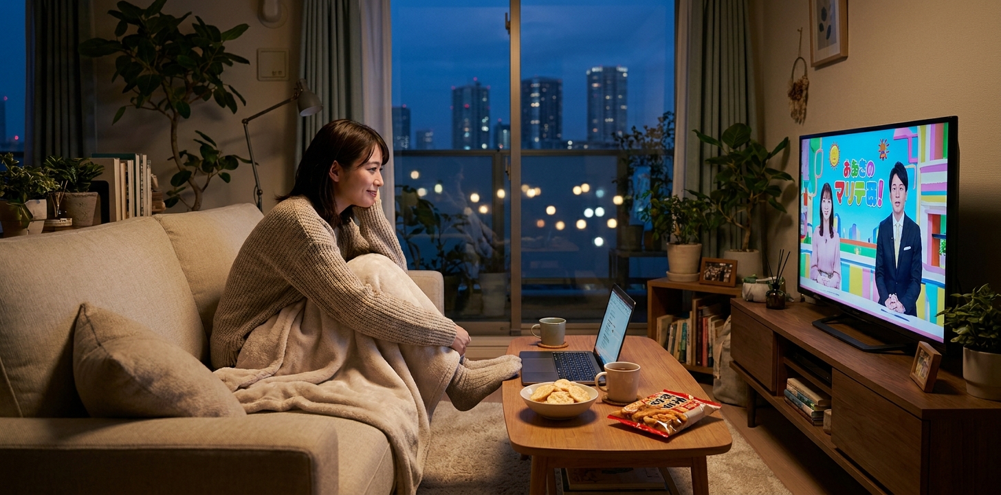 海外の部屋でノートパソコンから日本のバラエティ番組を見ようとするイメージ