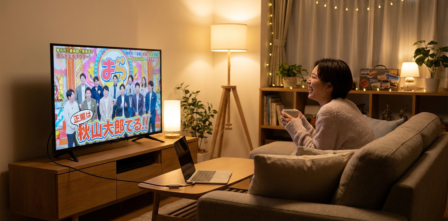海外で日本のテレビ番組をくつろいで楽しむ人のイメージ