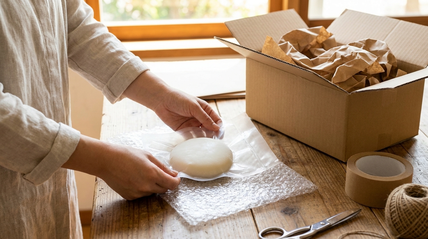 一升餅を海外発送用に丁寧に梱包する様子