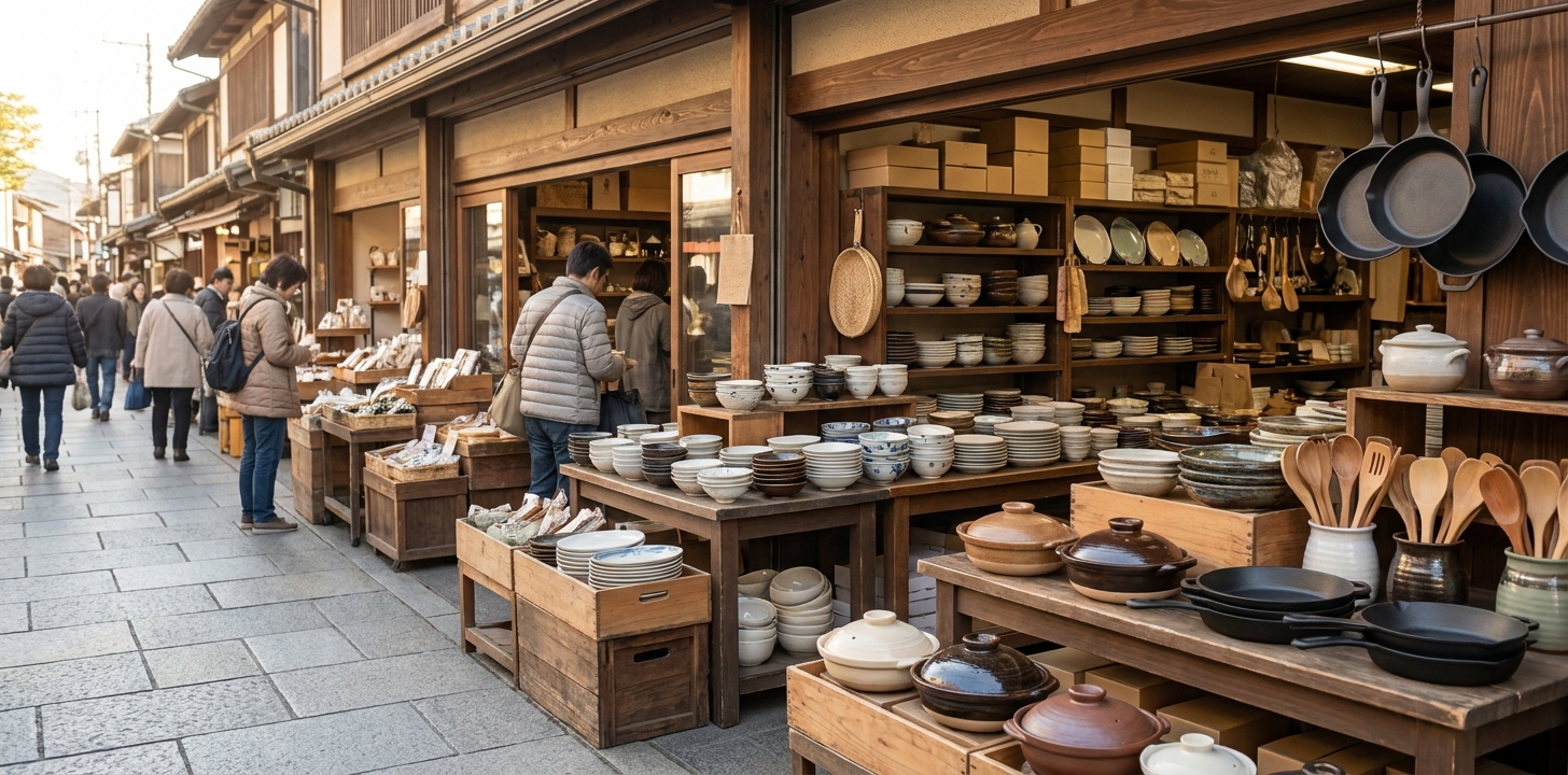 調理道具店が並ぶ商店街を歩くイメージ