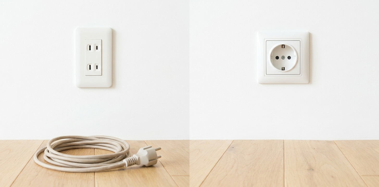 日本と海外の電圧の違いを表すコンセントと電源プラグのイメージ