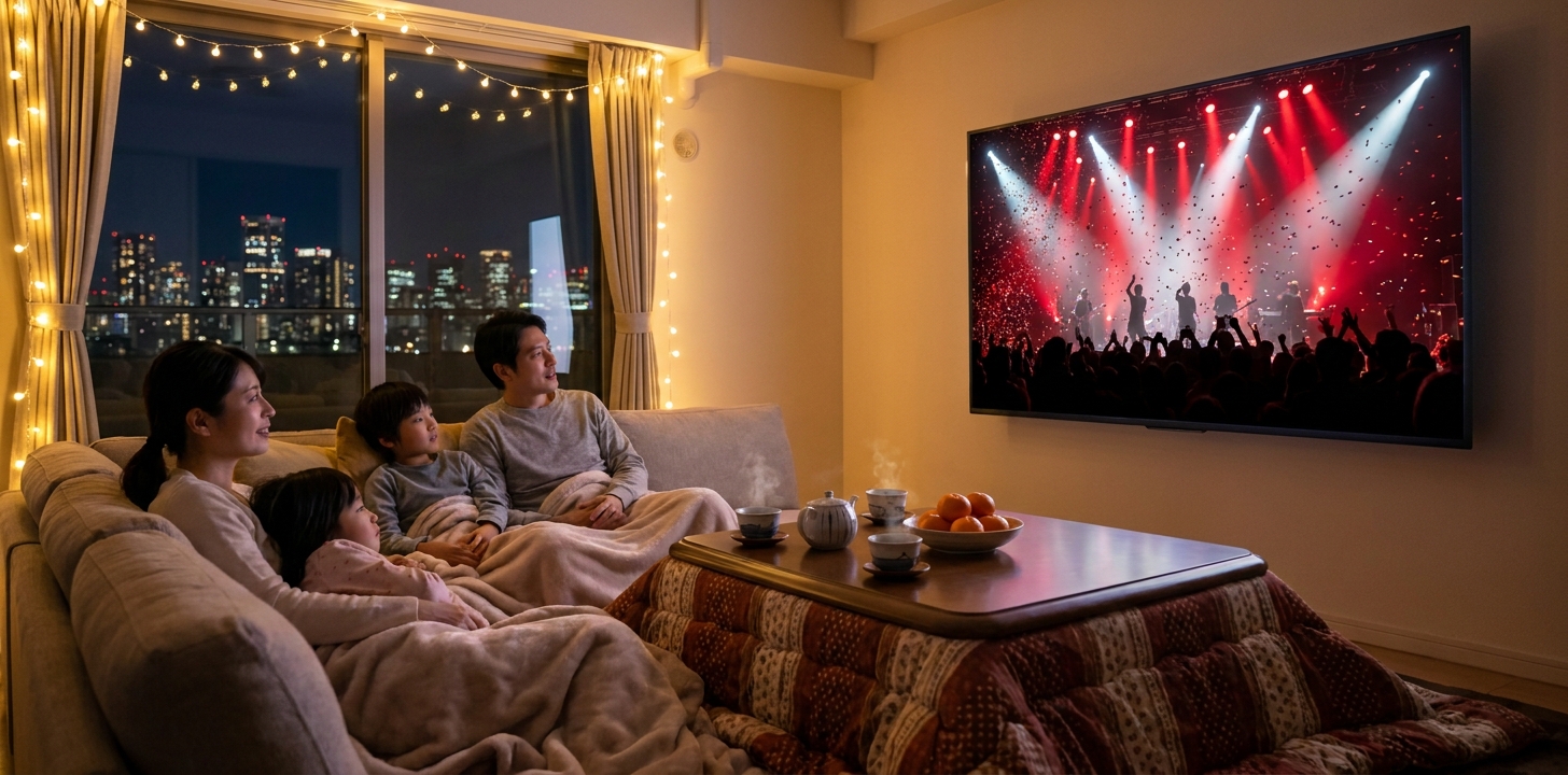海外の部屋で大晦日に日本の歌番組をテレビで楽しむイメージ