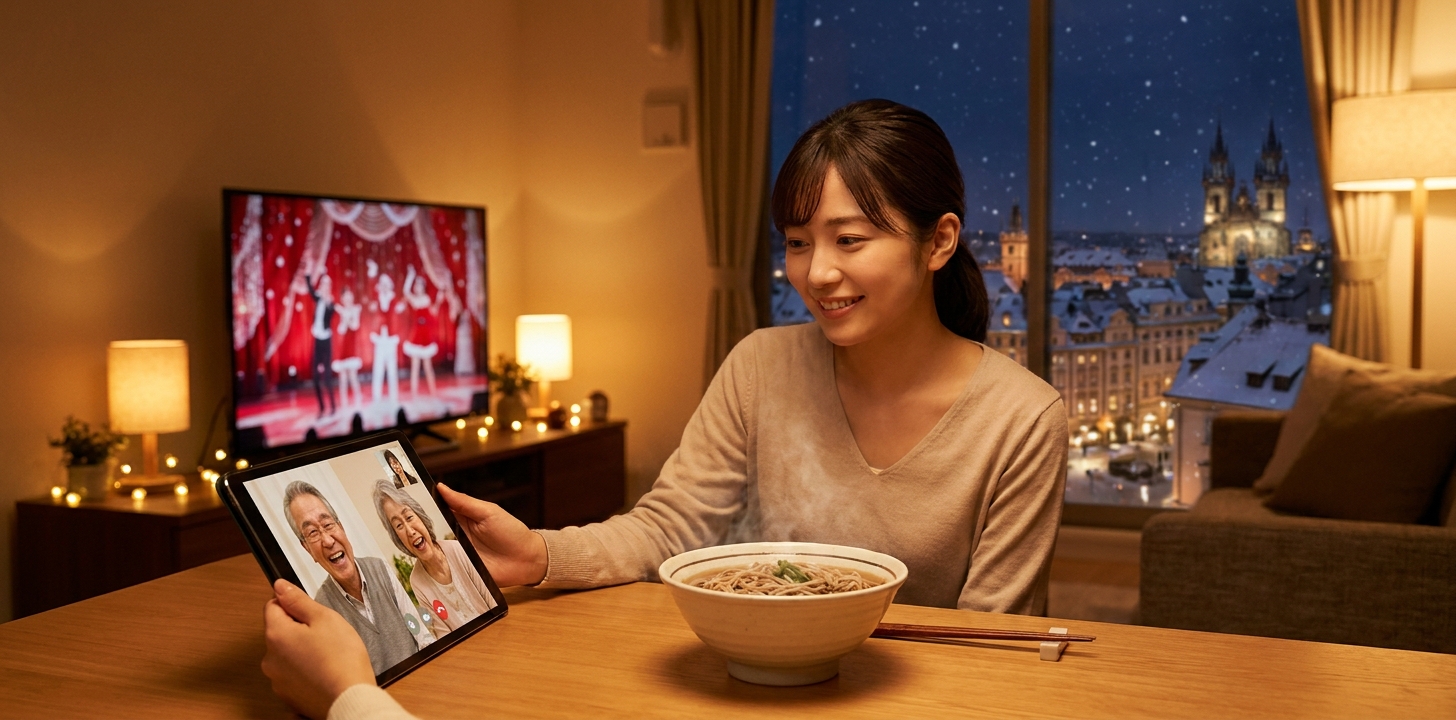 海外で家族と年末の日本の番組を楽しむ温かいイメージ