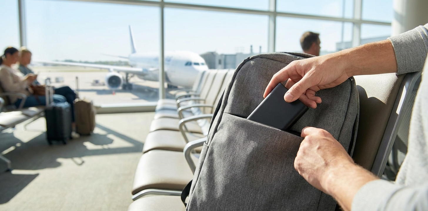 飛行機の機内にバッテリーを持ち込む旅行者のイメージ