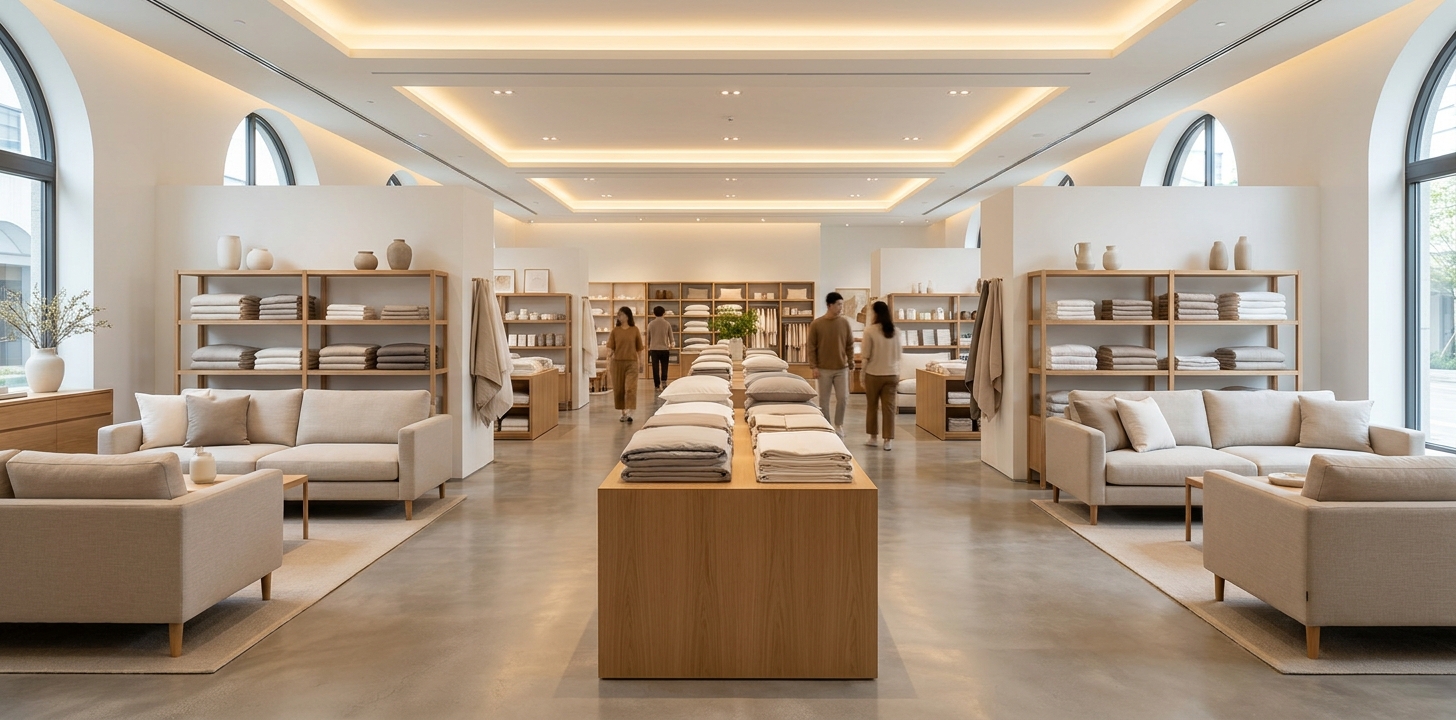 明るい家具店の店内に並ぶソファや棚のイメージ