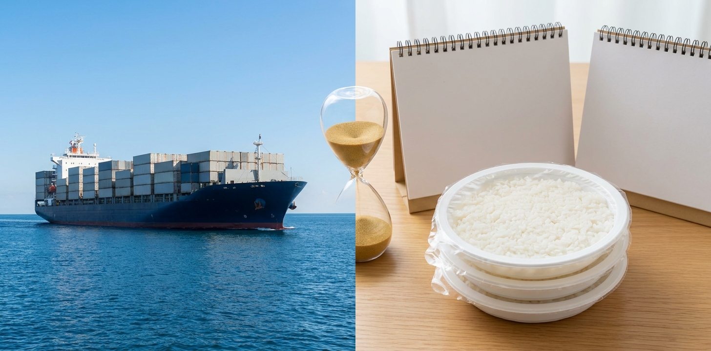 賞味期限の長いサトウのごはんを海外へ船便で発送するイメージ