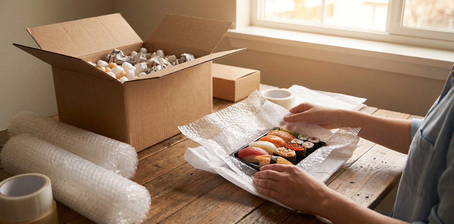 食品サンプルを緩衝材で梱包するイメージ