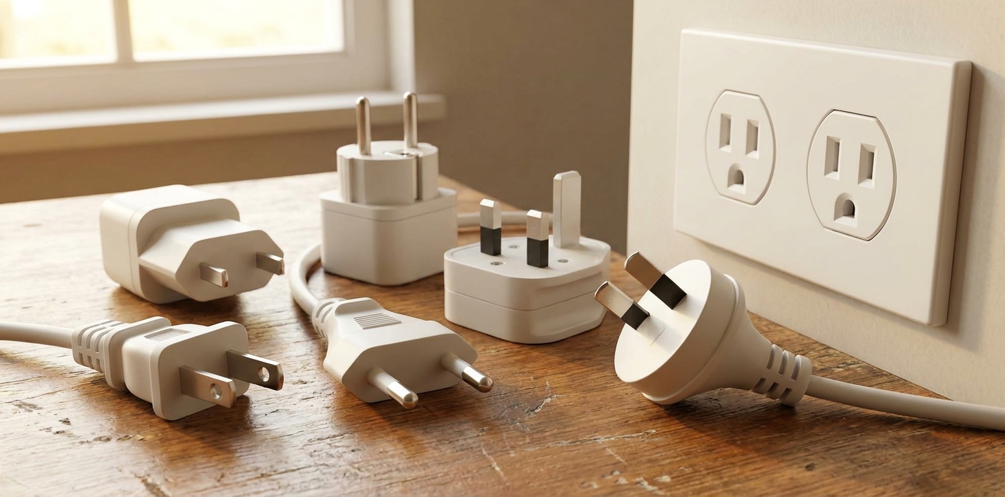 世界各国の電源プラグとコンセントが並ぶイメージ