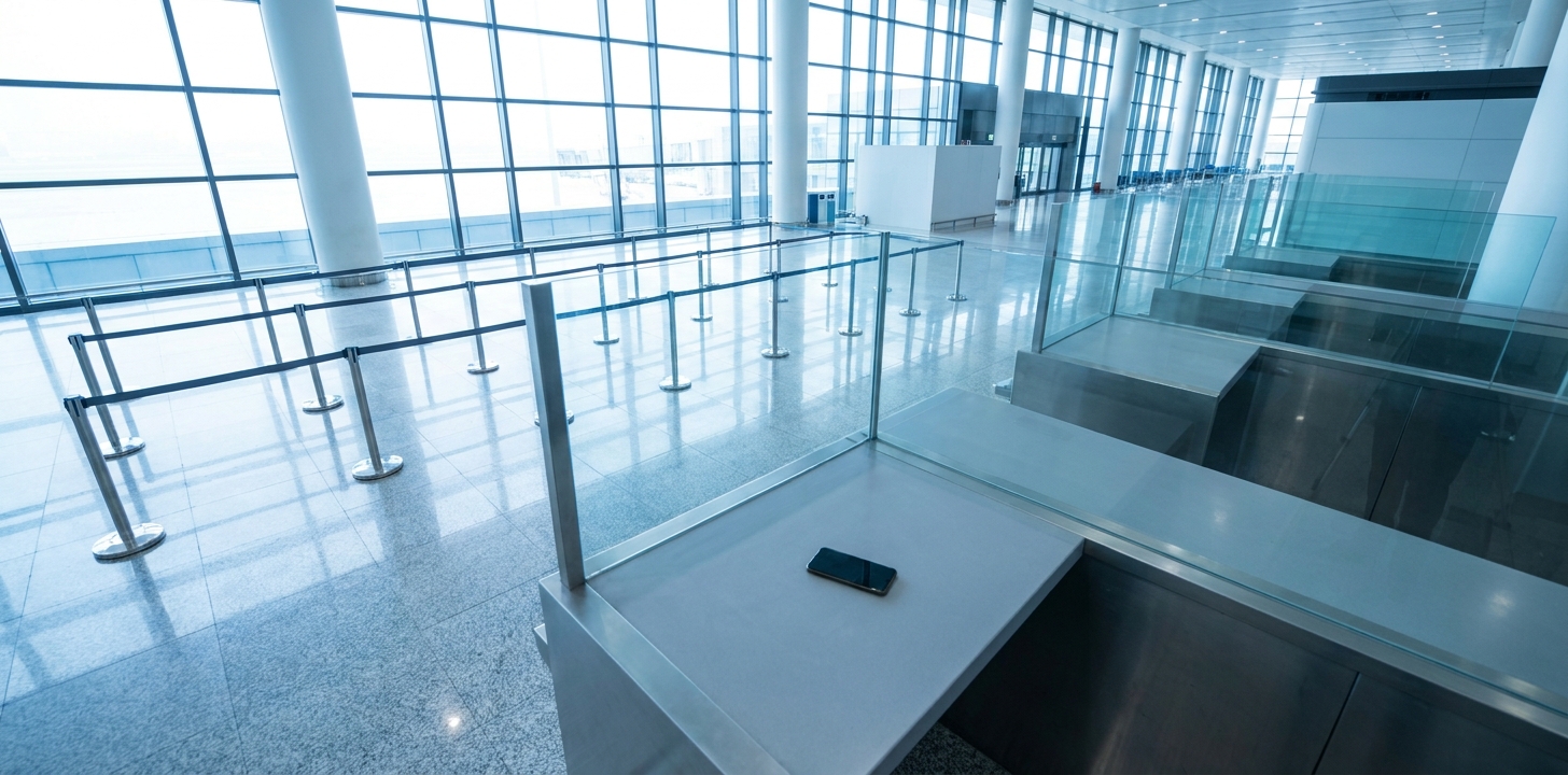 空港の入国審査カウンターとスマートフォン