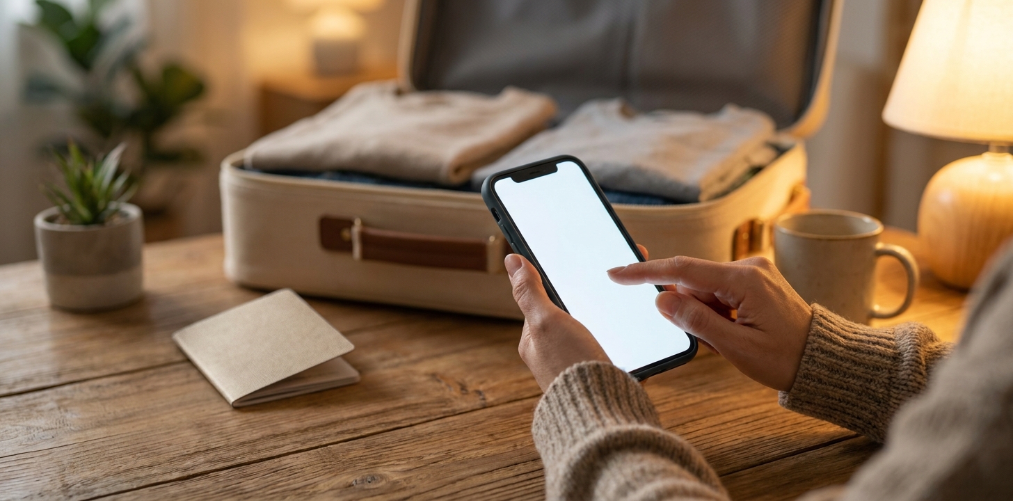 出発前の自宅でスマートフォンの設定をする手元