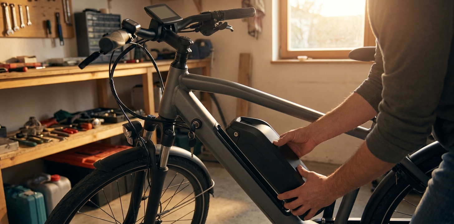 電動アシスト自転車からバッテリーパックを取り外す様子