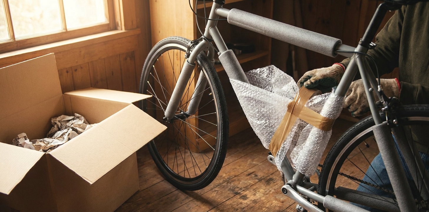 バッテリーを外した電動アシスト自転車の車体を緩衝材で梱包する様子