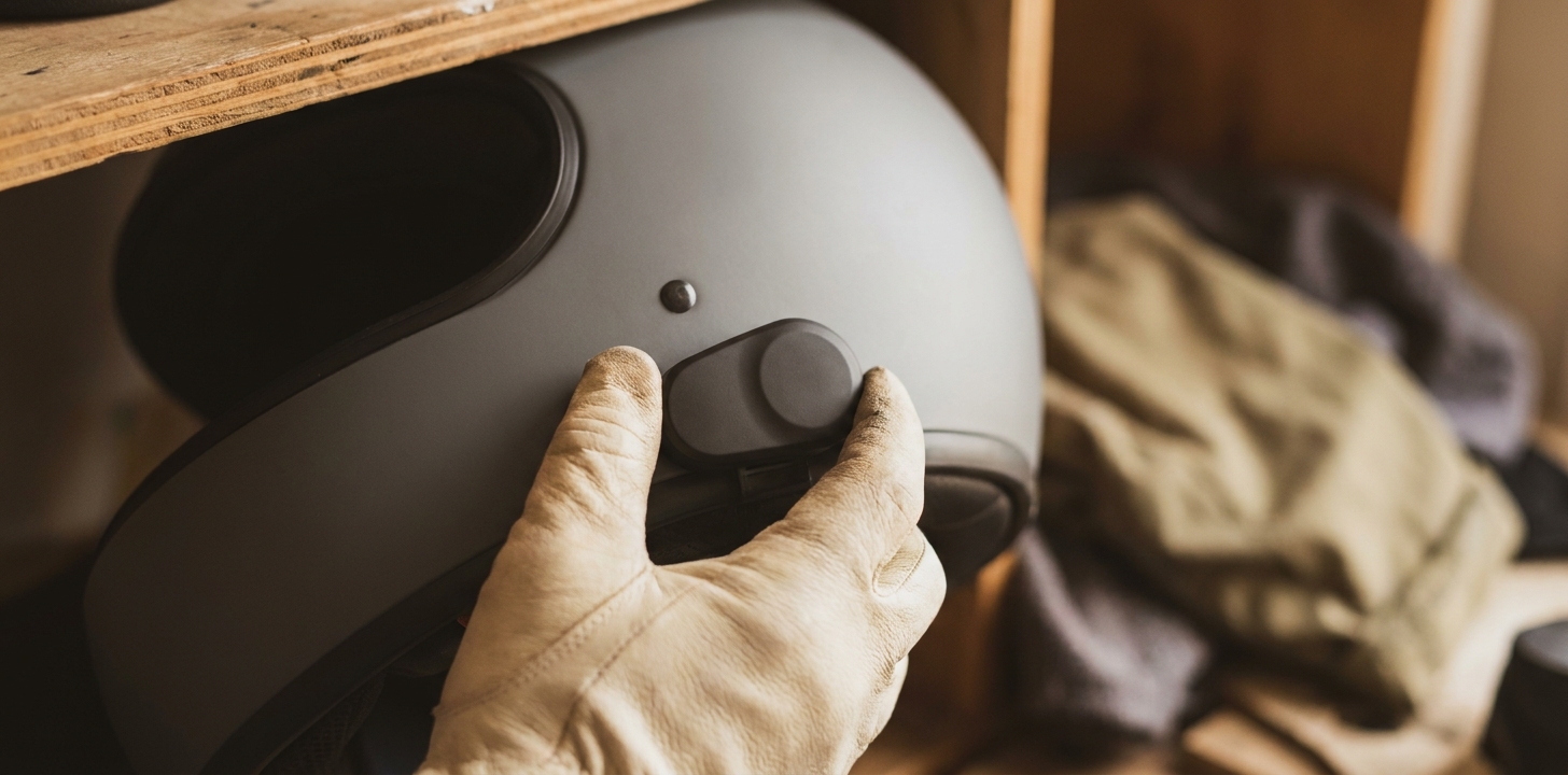 ヘルメットの側面に取り付けられた小型の通信機器