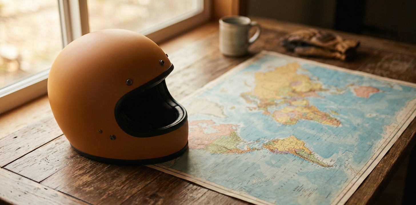 テーブルに置かれたフルフェイスヘルメットと世界地図