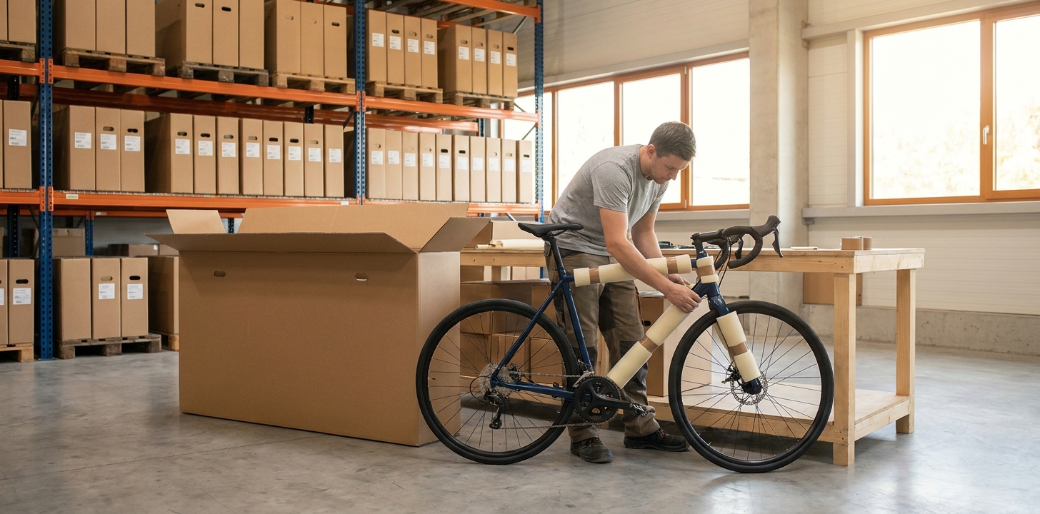 物流倉庫で自転車の梱包作業をするスタッフ