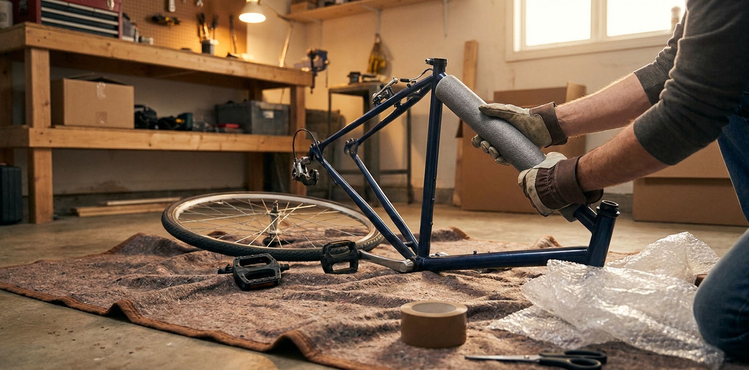 自転車のフレームを緩衝材で保護する手元