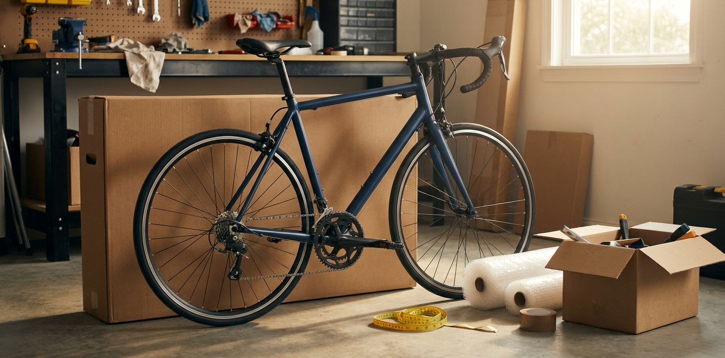 自転車を海外発送用の大きな箱と一緒に準備する様子