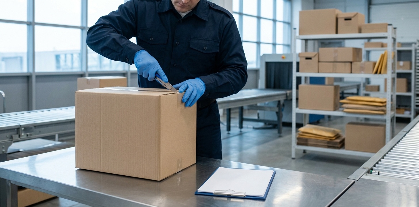 海外発送の荷物が税関で開封検査を受ける場面