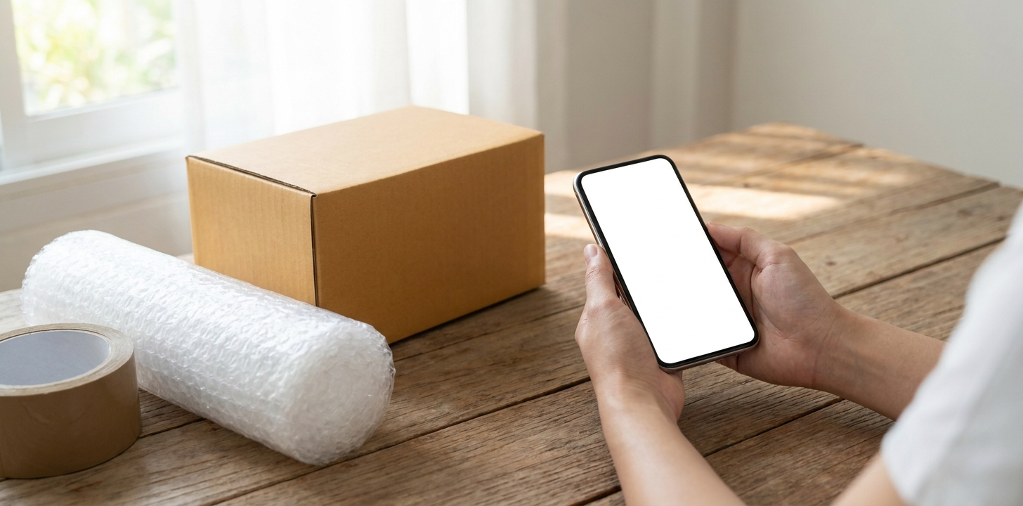 スマートフォンを操作する手と発送用の段ボール箱