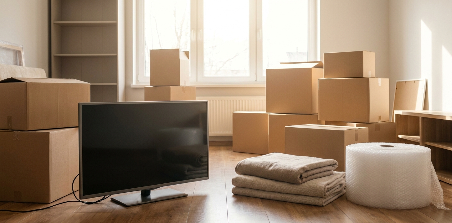 海外引越の準備でテレビと段ボール箱をまとめるリビング
