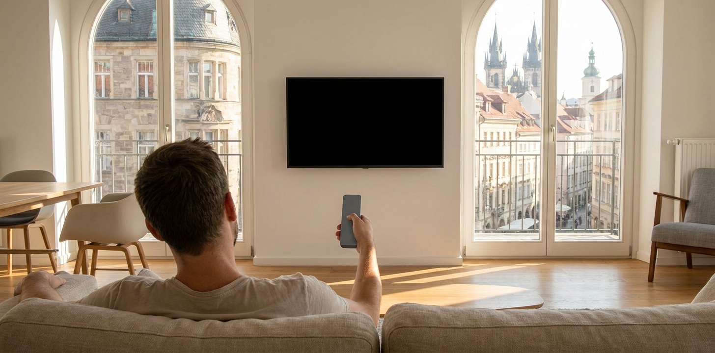 海外のリビングでテレビが映らずリモコンを手に困る様子