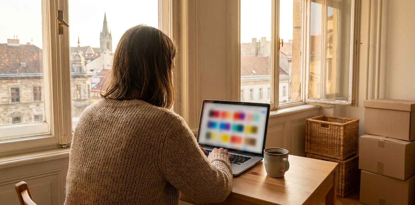 海外の部屋でノートパソコンから日本の通販を利用するイメージ