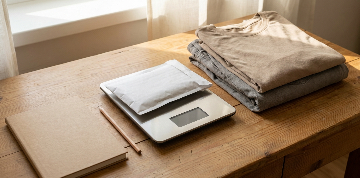 服の入った小包をはかりで計量する様子