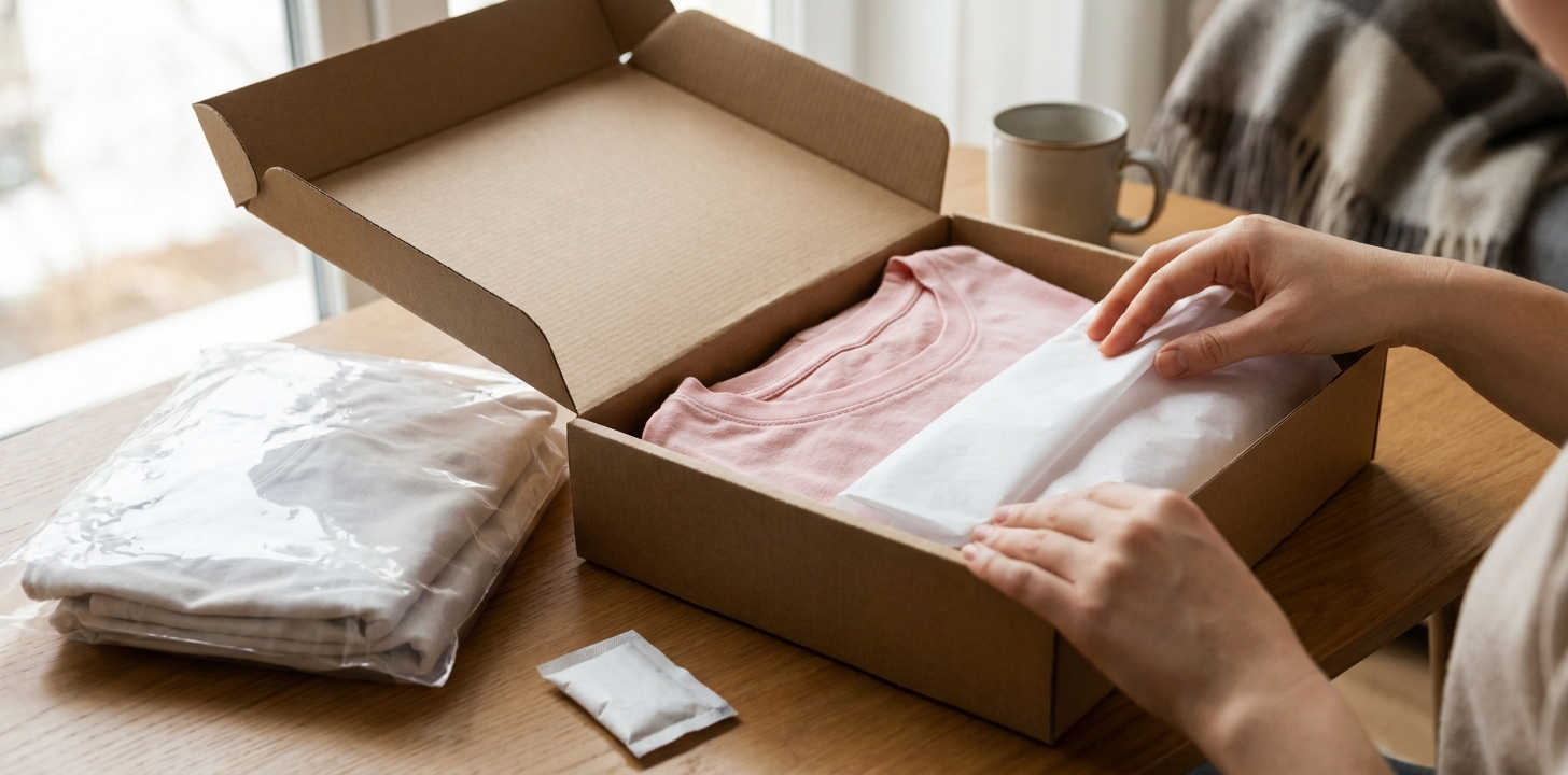 服を薄紙で包んで丁寧に箱詰めする手元