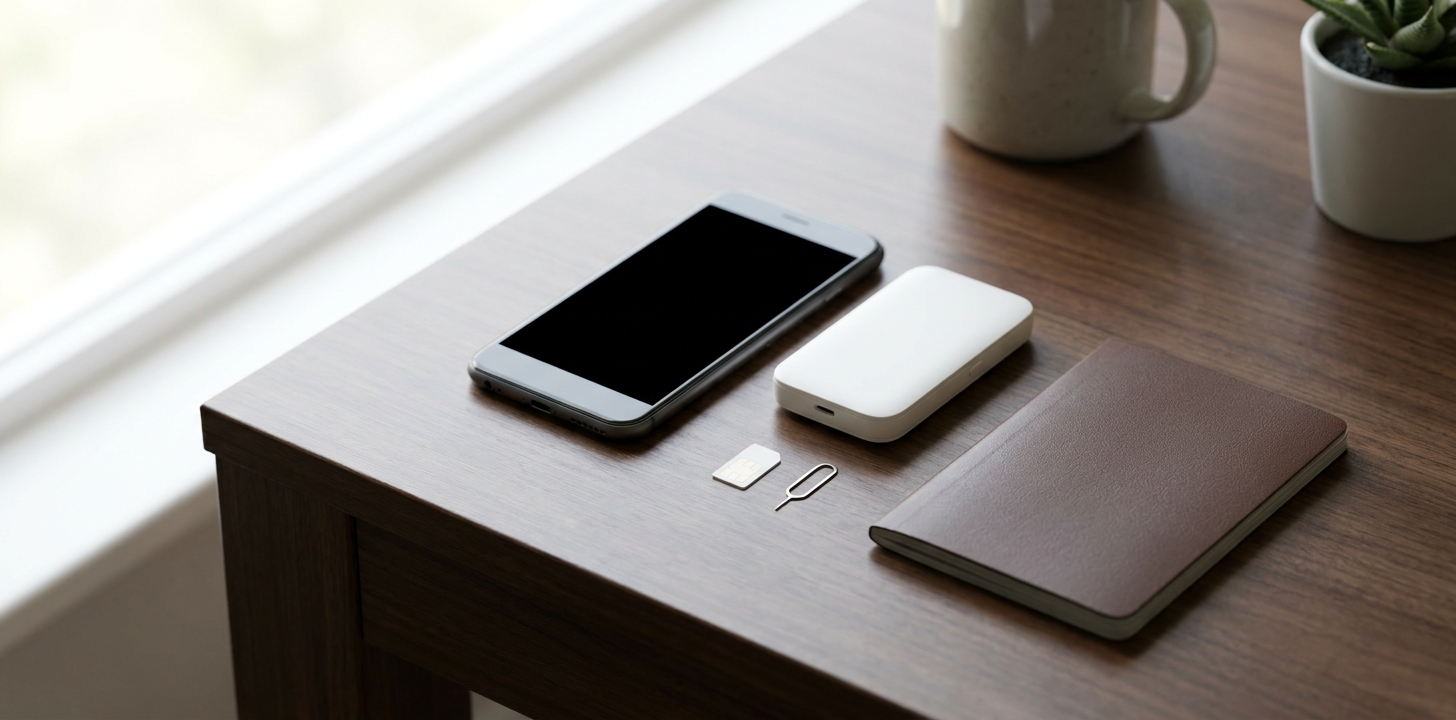 出発前の机に並べたスマートフォンと通信機器