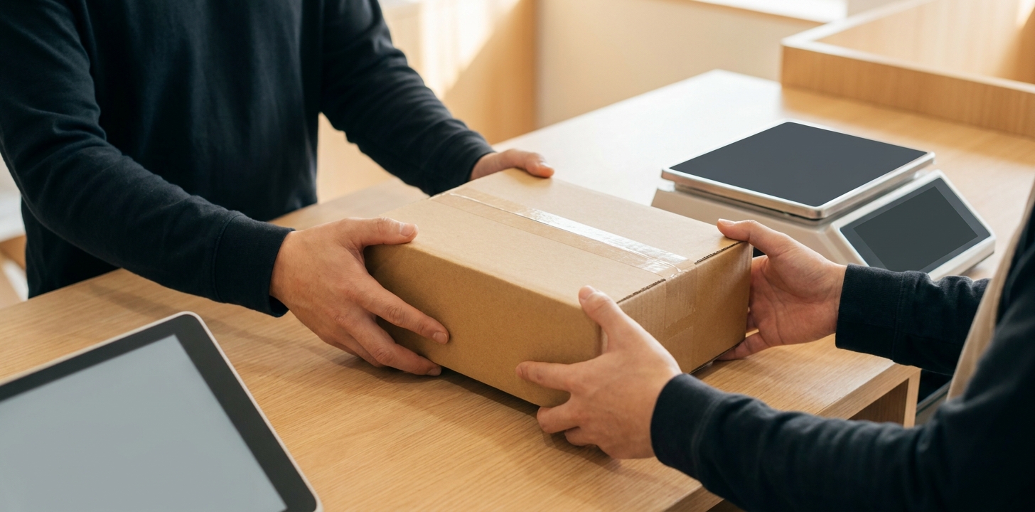 窓口のカウンターで荷物を差し出す手元