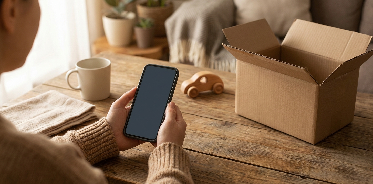 送る品物をスマートフォンで撮影しようとしている手元